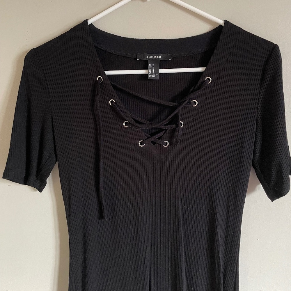 Lace up black ribbed short sleeve bodycon mini dress - Picture 3 of 4